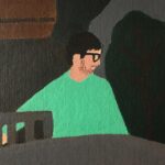 A painting of a man with glasses sitting at a table.